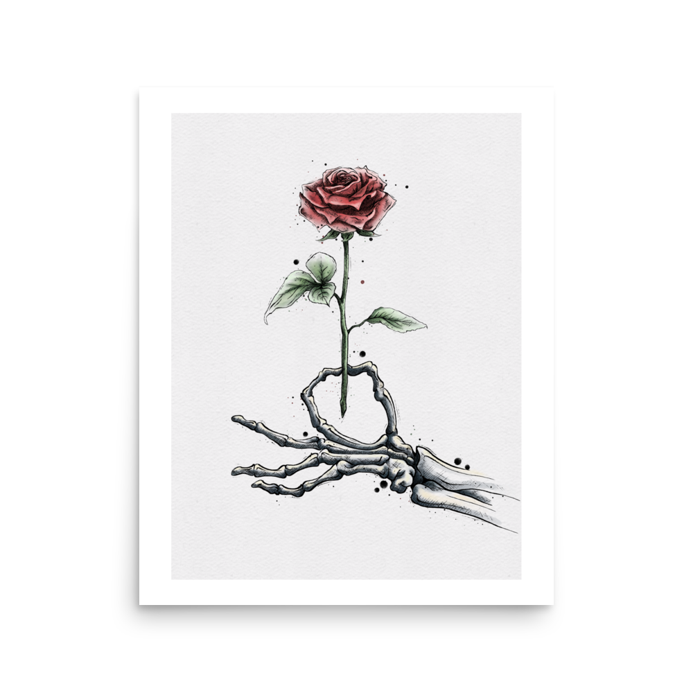 Skeleton Hand & Rose Graphic Watercolour Print
