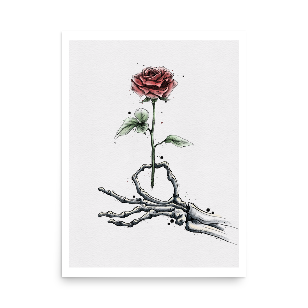Skeleton Hand & Rose Graphic Watercolour Print