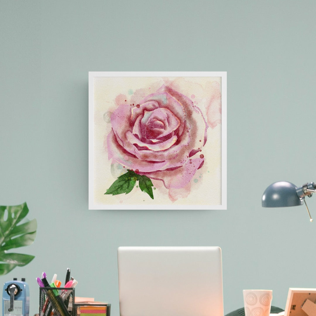 Watercolour painting of a red and pink rose in a white frame
