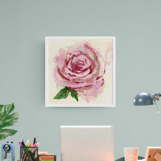Watercolour painting of a red and pink rose in a white frame