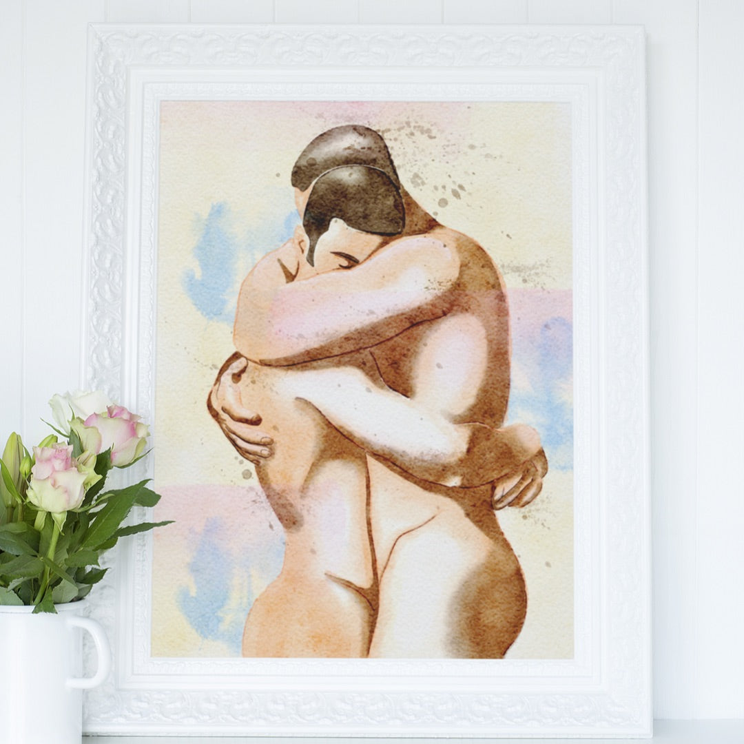 Watercolour art poster print of two men holding each other in a white frame